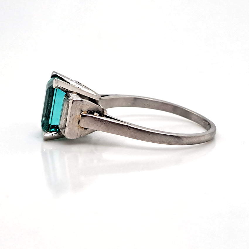 Colombian Emerald and Baguette Diamond Three Stone Engagement Ring in Platinum