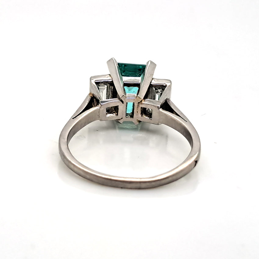 Colombian Emerald and Baguette Diamond Three Stone Engagement Ring in Platinum