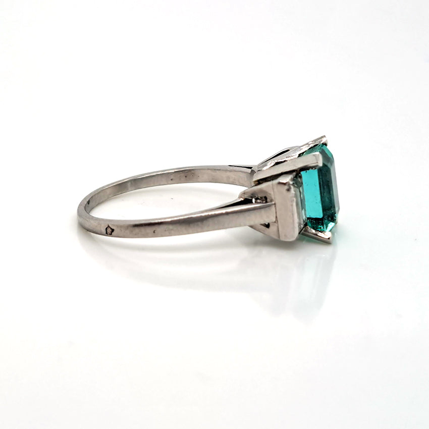 Colombian Emerald and Baguette Diamond Three Stone Engagement Ring in Platinum
