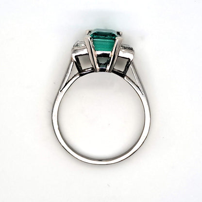 Colombian Emerald and Baguette Diamond Three Stone Engagement Ring in Platinum