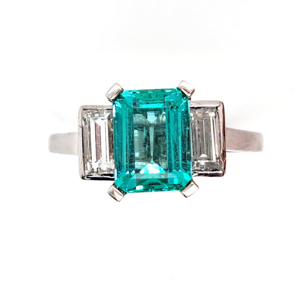 Colombian Emerald and Baguette Diamond Three Stone Engagement Ring in Platinum
