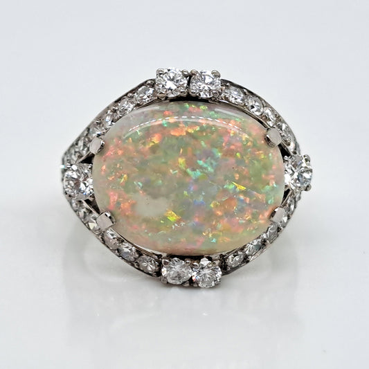 Art Deco 4.59ct Cabochon Opal and Diamond Cluster Dress Ring in Platinum, possibly Gubelin