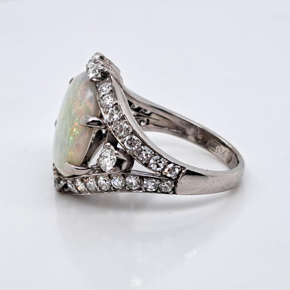 Art Deco 4.59ct Cabochon Opal and Diamond Cluster Dress Ring in Platinum, possibly Gubelin
