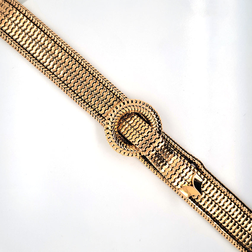 Vintage 1940s French 18ct Yellow Gold Belt Buckle Bracelet which articulates seamlessly around the wrist