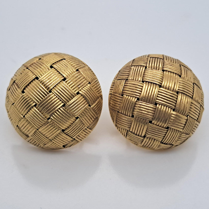 Vintage Italian 18ct Yellow Gold Circular Basket Weave Clip Earrings, Circa 1980s