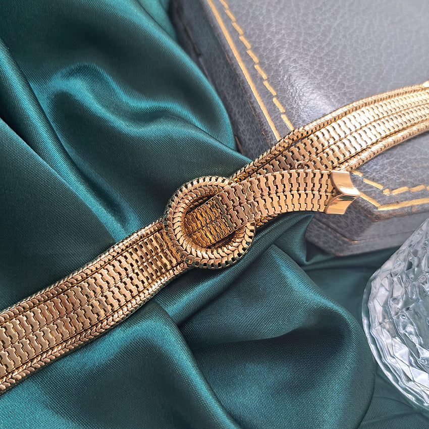 Vintage 1940s French 18ct Yellow Gold Belt Buckle Bracelet which articulates seamlessly around the wrist
