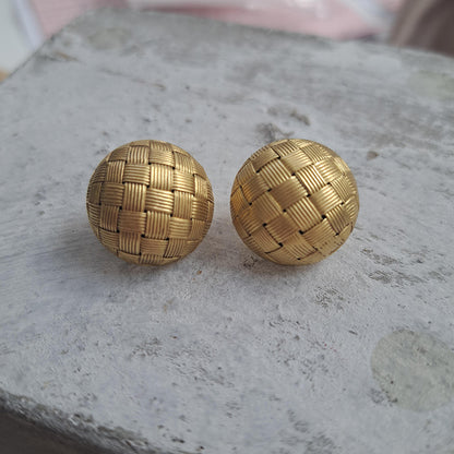 Vintage Italian 18ct Yellow Gold Circular Basket Weave Clip Earrings, Circa 1980s