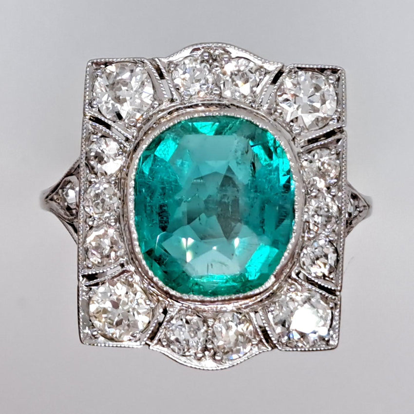 Art Deco 3.14ct Colombian Emerald and 1.45ct Old Cut Diamond Cluster Dress Plaque Ring in Platinum