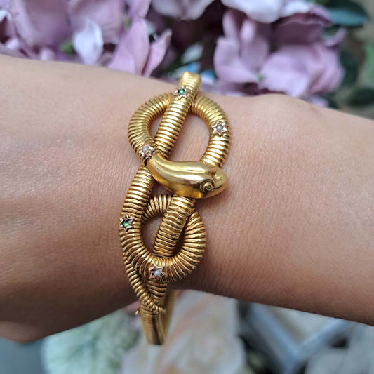 Vintage Italian 1940s Natural Seed Pearl and Emerald Set 18ct Yellow Gold Gaspipe Snake Bracelet