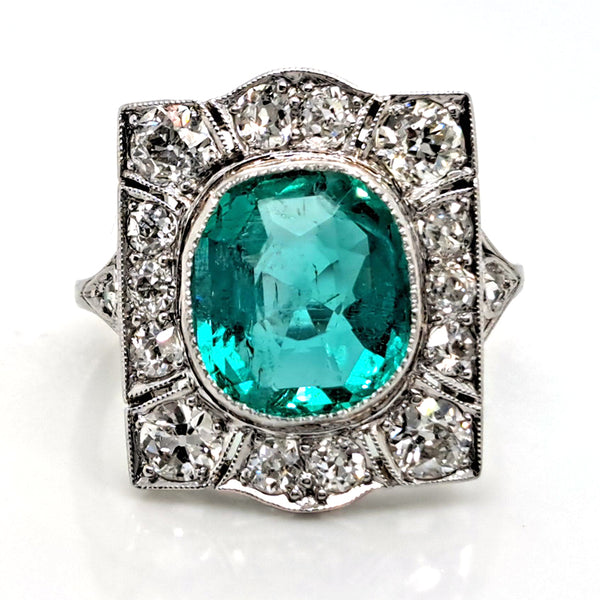 Art Deco 3.14ct Colombian Emerald and 1.45ct Old Cut Diamond Cluster Dress Plaque Ring in Platinum