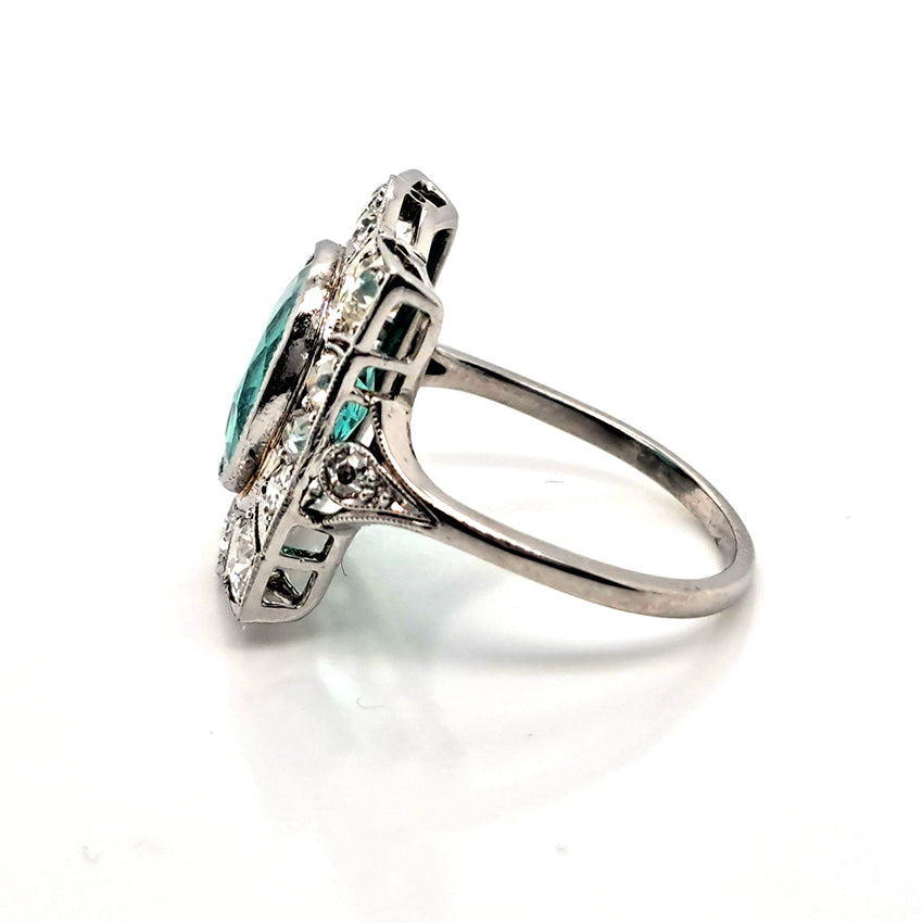 Art Deco 3.14ct Colombian Emerald and 1.45ct Old Cut Diamond Cluster Dress Plaque Ring in Platinum