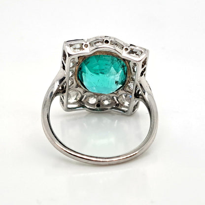 Art Deco 3.14ct Colombian Emerald and 1.45ct Old Cut Diamond Cluster Dress Plaque Ring in Platinum
