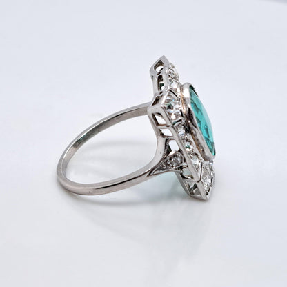 Art Deco 3.14ct Colombian Emerald and 1.45ct Old Cut Diamond Cluster Dress Plaque Ring in Platinum
