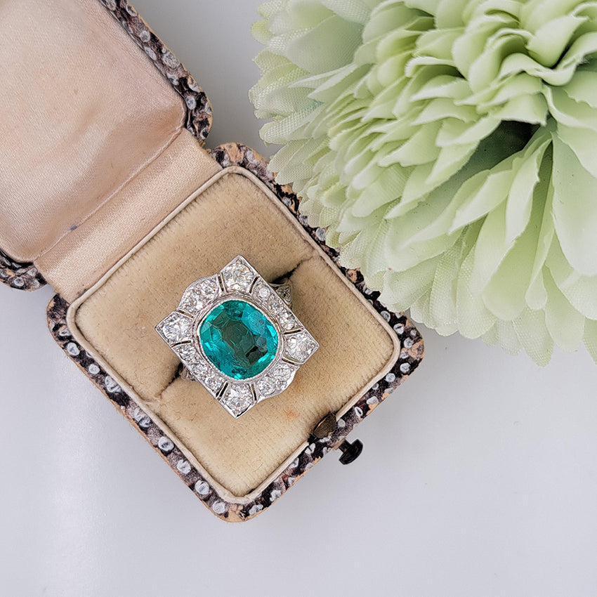 Art Deco 3.14ct Colombian Emerald and 1.45ct Old Cut Diamond Cluster Dress Plaque Ring in Platinum