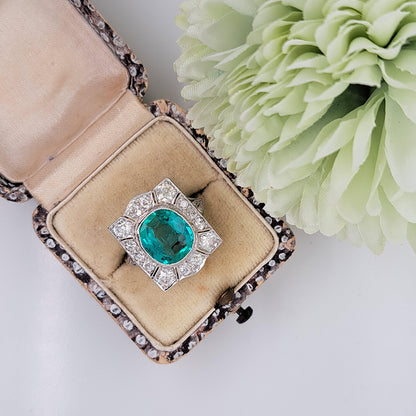 Art Deco 3.14ct Colombian Emerald and 1.45ct Old Cut Diamond Cluster Dress Plaque Ring in Platinum