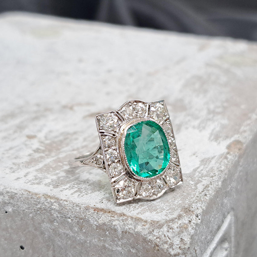 Art Deco 3.14ct Colombian Emerald and 1.45ct Old Cut Diamond Cluster Dress Plaque Ring in Platinum
