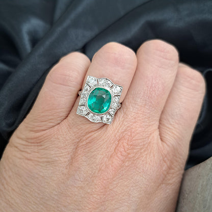 Art Deco 3.14ct Colombian Emerald and 1.45ct Old Cut Diamond Cluster Dress Plaque Ring in Platinum