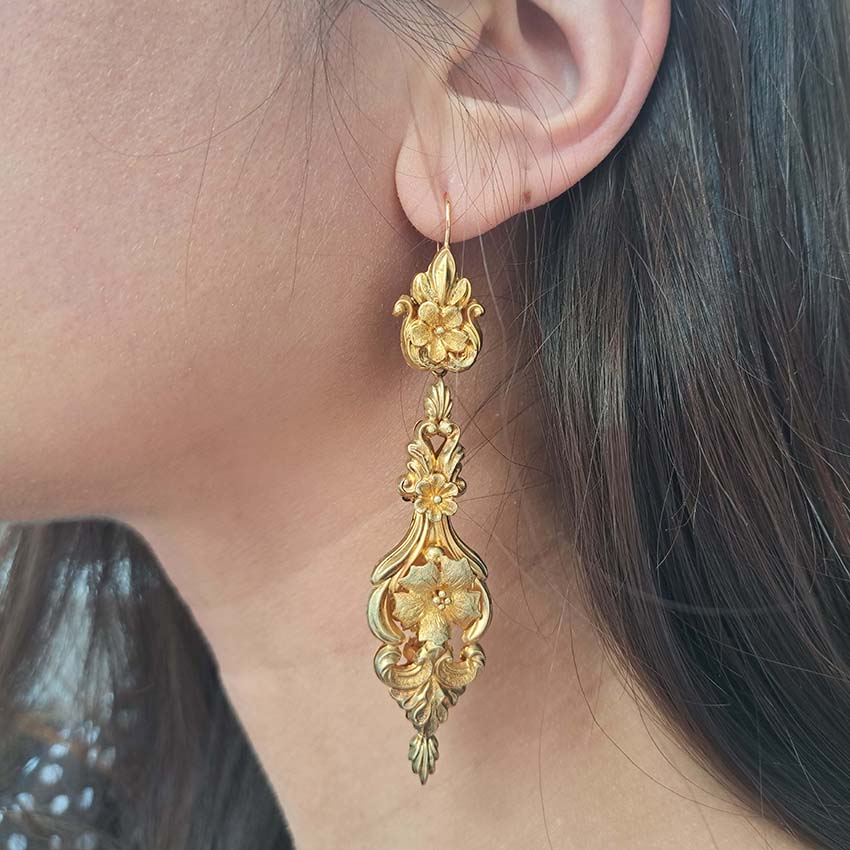 Antique Georgian Gold Ornate Drop Earrings, Circa 1820