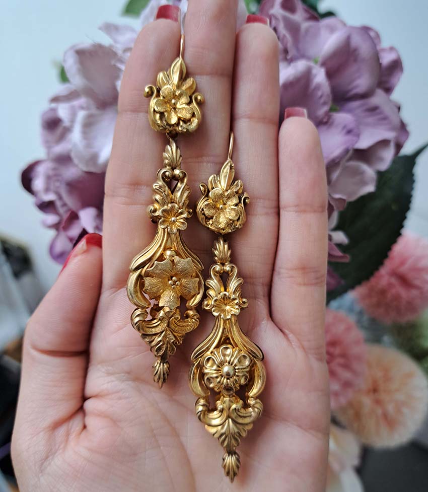 Antique Georgian Gold Ornate Drop Earrings, Circa 1820