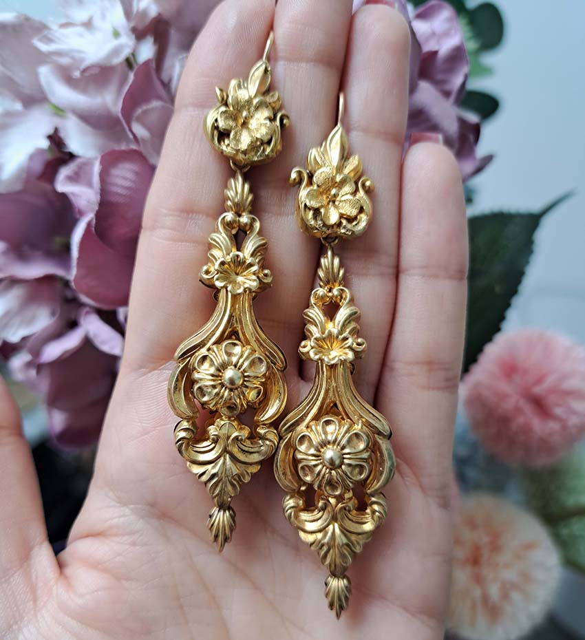 Antique Georgian Gold Ornate Drop Earrings, Circa 1820