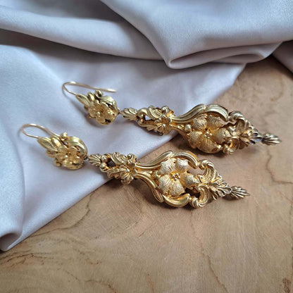 Antique Georgian Gold Ornate Drop Earrings, Circa 1820
