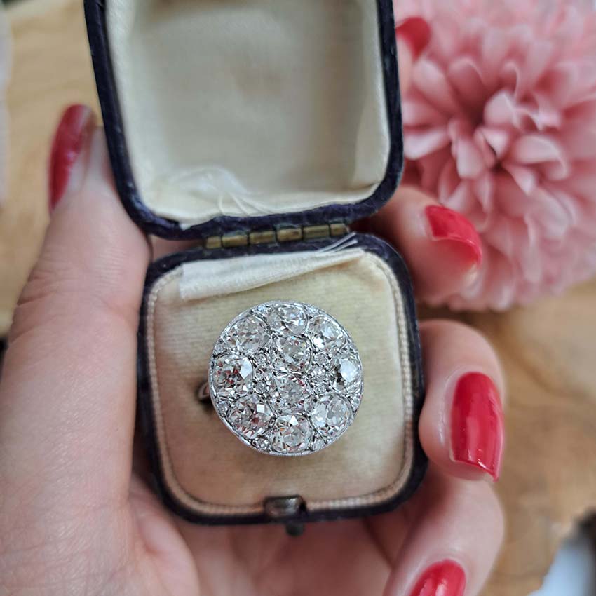 Art Deco French 5ct Old Mine Cut Diamond Cluster Cocktail Ring in Platinum