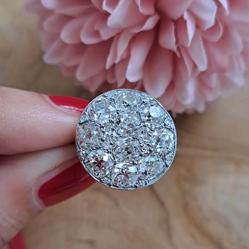 Art Deco French 5ct Old Mine Cut Diamond Cluster Cocktail Ring in Platinum