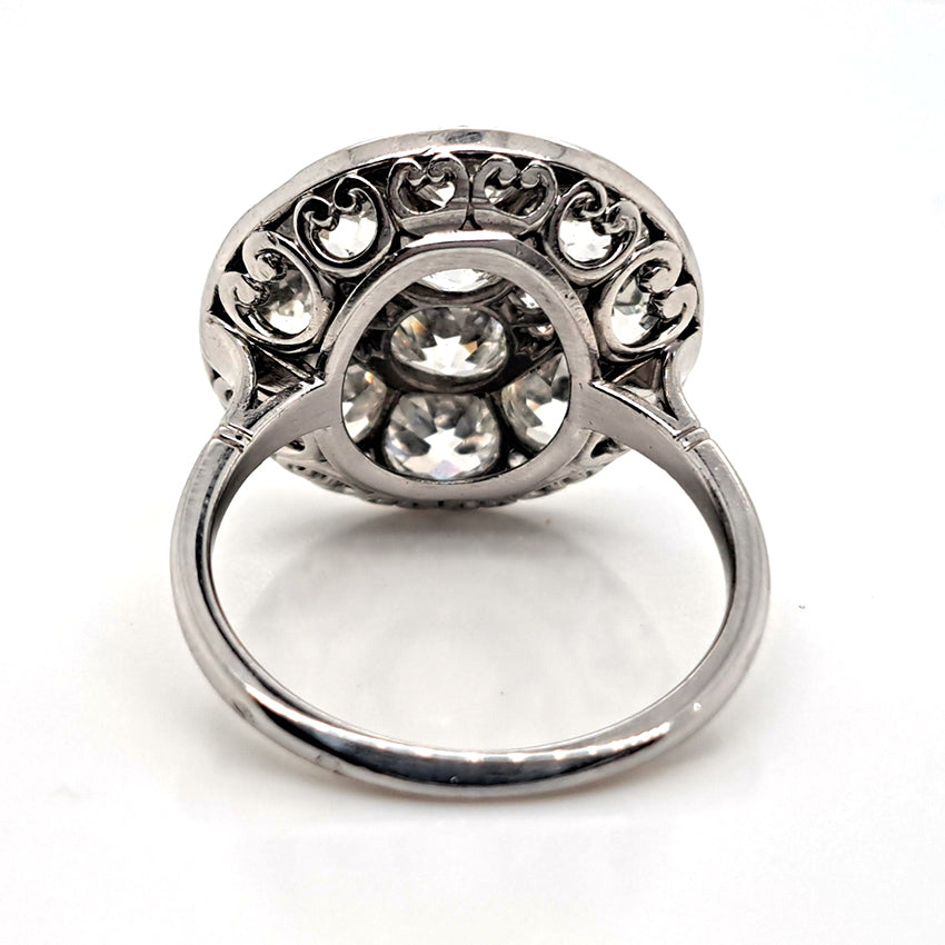 Art Deco French 5ct Old Mine Cut Diamond Cluster Cocktail Ring in Platinum