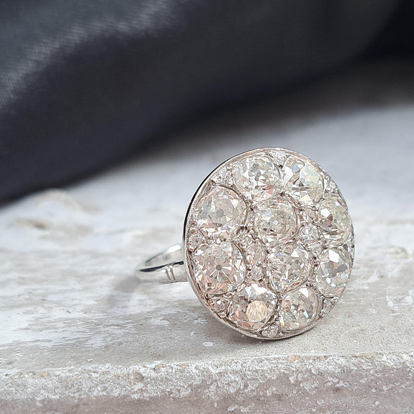 Art Deco French 5ct Old Mine Cut Diamond Cluster Cocktail Ring in Platinum