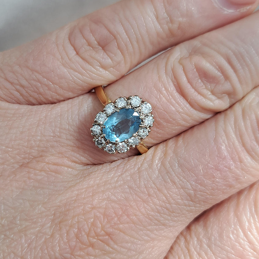 Vintage Oval Aquamarine and Diamond Cluster Ring