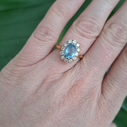 Vintage Oval Aquamarine and Diamond Cluster Ring