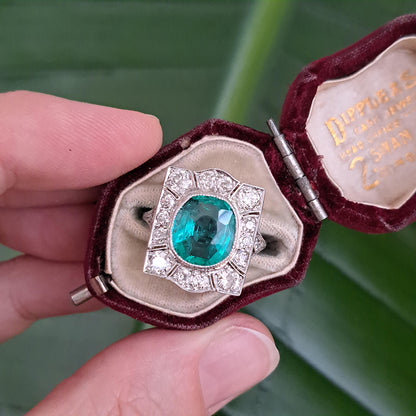 Art Deco 3.14ct Colombian Emerald and 1.45ct Old Cut Diamond Cluster Dress Plaque Ring in Platinum