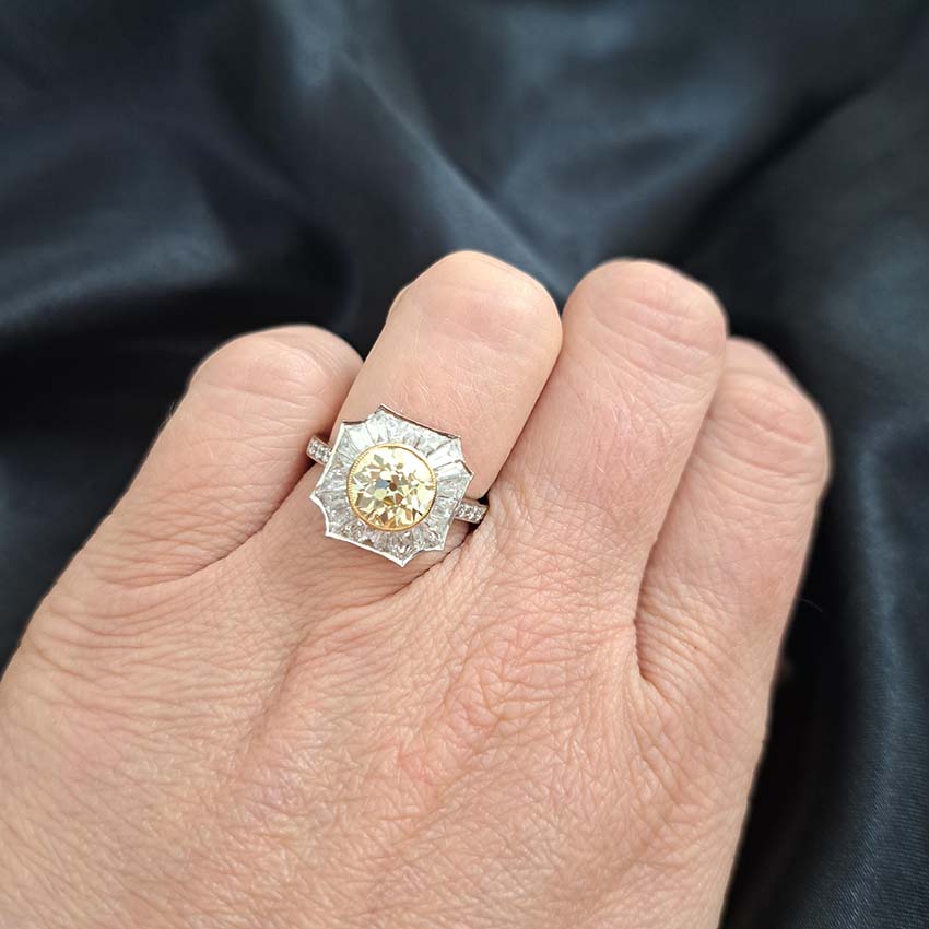 GIA Certified 2.03ct Fancy Yellow Diamond and Baguette White Diamond Cluster Ring