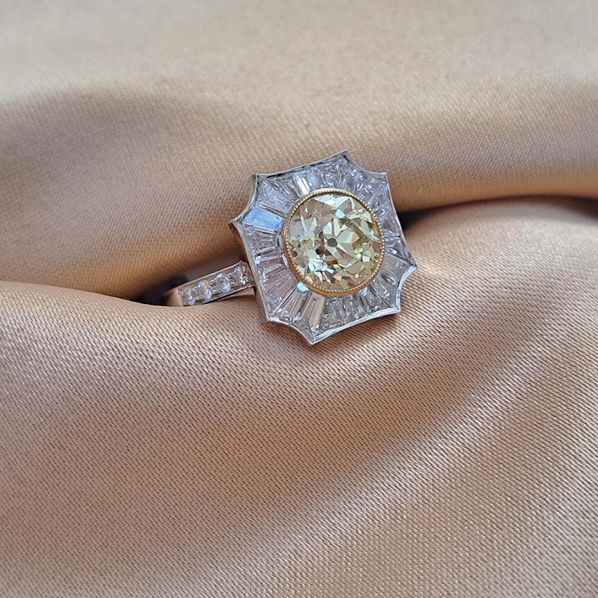 GIA Certified 2.03ct Fancy Yellow Diamond and Baguette White Diamond Cluster Ring