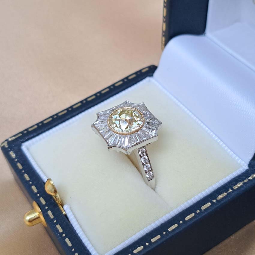 GIA Certified 2.03ct Fancy Yellow Diamond and Baguette White Diamond Cluster Ring