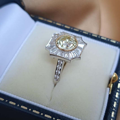 GIA Certified 2.03ct Fancy Yellow Diamond and Baguette White Diamond Cluster Ring