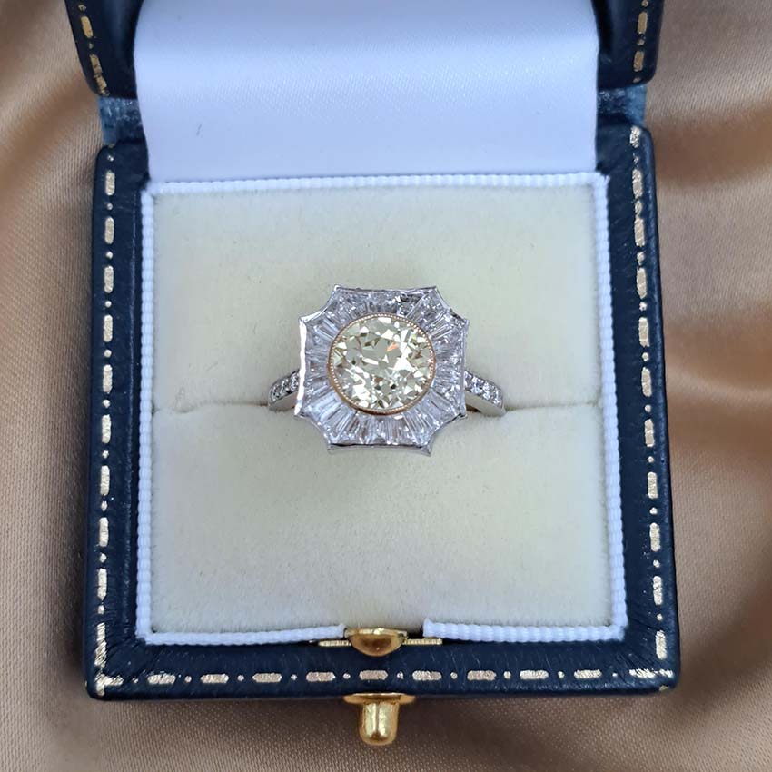 GIA Certified 2.03ct Fancy Yellow Diamond and Baguette White Diamond Cluster Ring