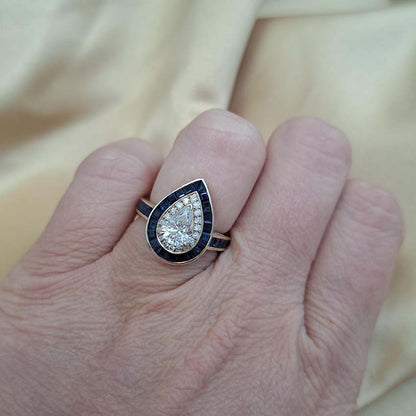 1ct Pear Cut Diamond and Sapphire Target Cluster Engagement Ring