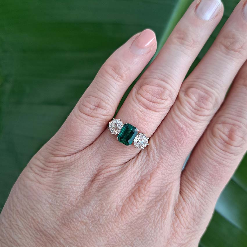 Certified Colombian Emerald and Old Cut Diamond Three Stone Engagement Ring