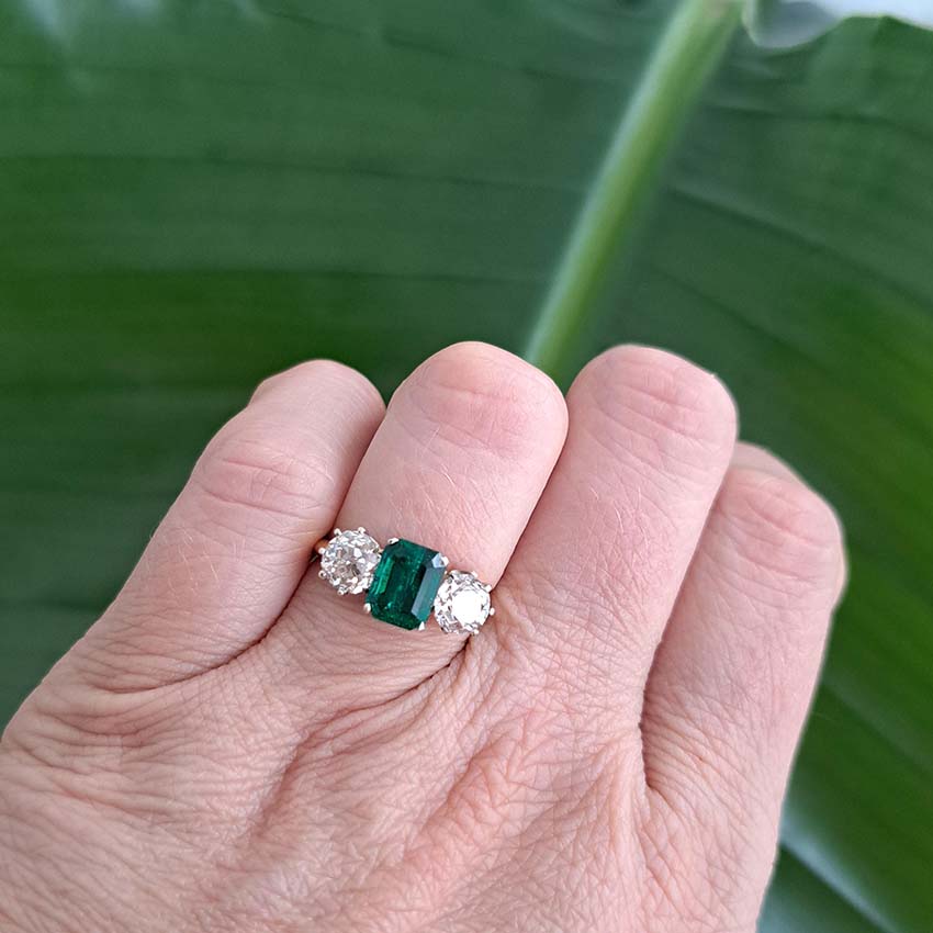Certified Colombian Emerald and Old Cut Diamond Trilogy Ring