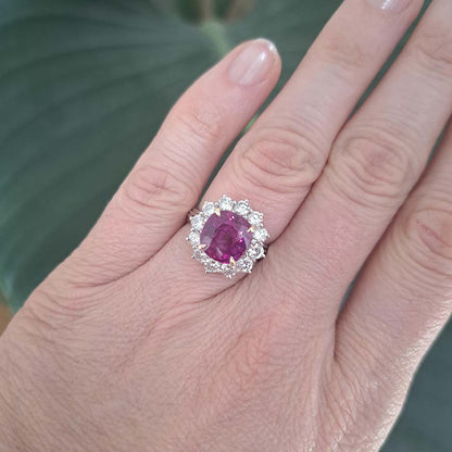 Certified 5.07ct Cushion Shaped Natural No Heat Ceylon Pink Sapphire and 1.80ct Diamond Cluster Engagement Ring in Platinum