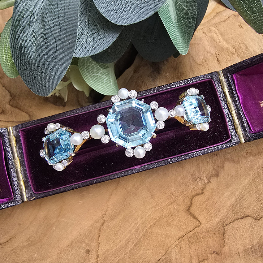 Antique Edwardian Aquamarine Pearl and Diamond Bangle