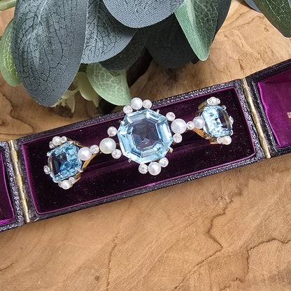 Antique Edwardian Aquamarine Pearl and Diamond Bangle