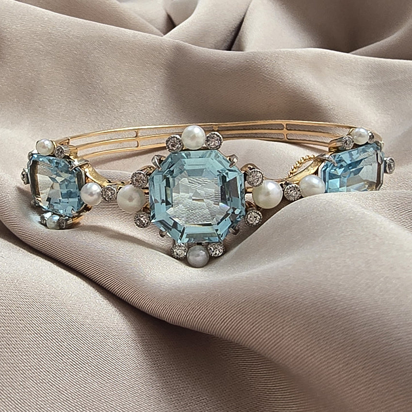 Antique Edwardian Aquamarine Pearl and Diamond Bangle