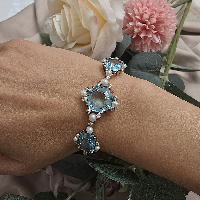 Antique Edwardian Aquamarine Pearl and Diamond Bangle