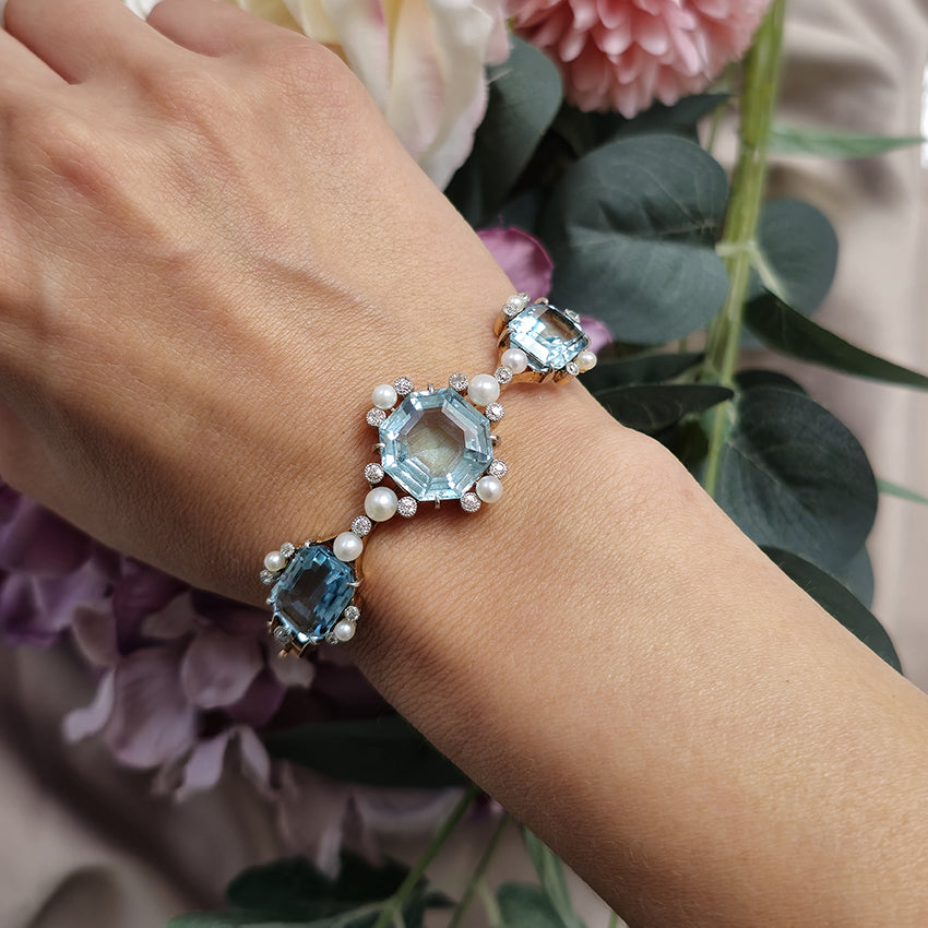 Antique Edwardian Aquamarine Pearl and Diamond Bangle