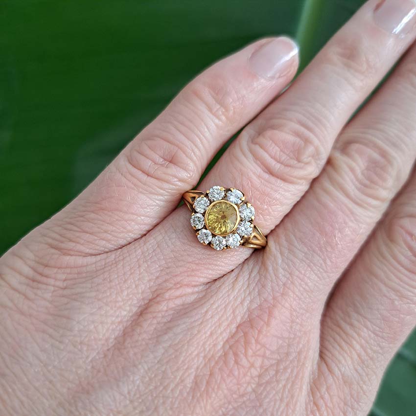 Antique Style 1.20ct Yellow Sapphire and Diamond Cluster Engagement Ring in 18ct Yellow Gold