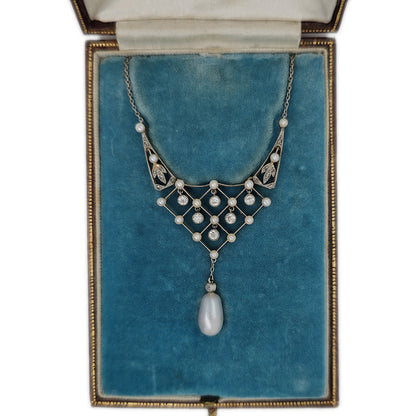 Belle Epoque Diamond and Natural Pearl Pendant Necklace