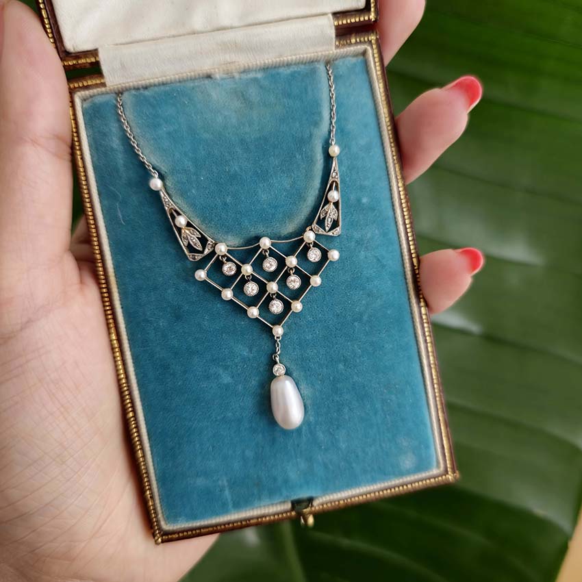 Antique Belle Epoque Diamond and Natural Pearl Pendant Necklace