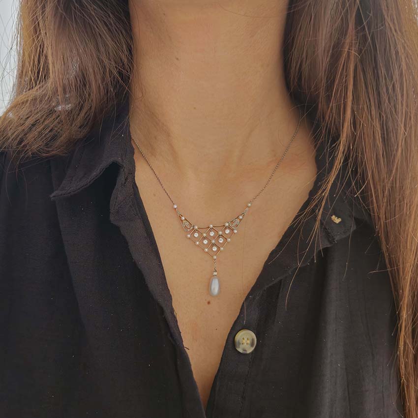Antique Belle Epoque Natural Pearl and Diamond Pendant Necklace